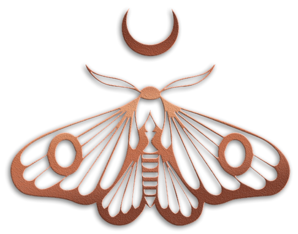 Logo van tattoo studio orphic ink, mot met een maan erboven